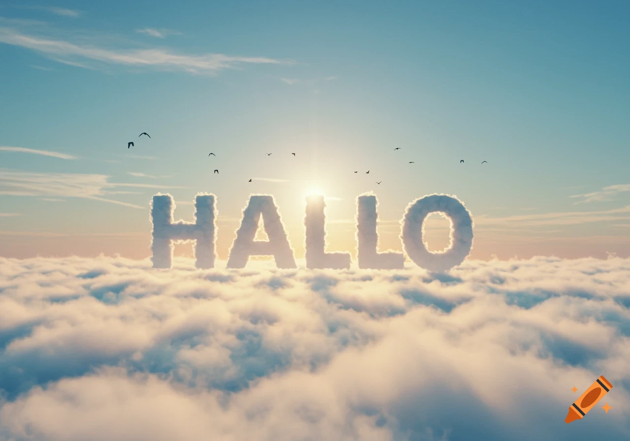 The word 'HALLO' made of clouds above a cloud layer at sunrise, with birds flying.
