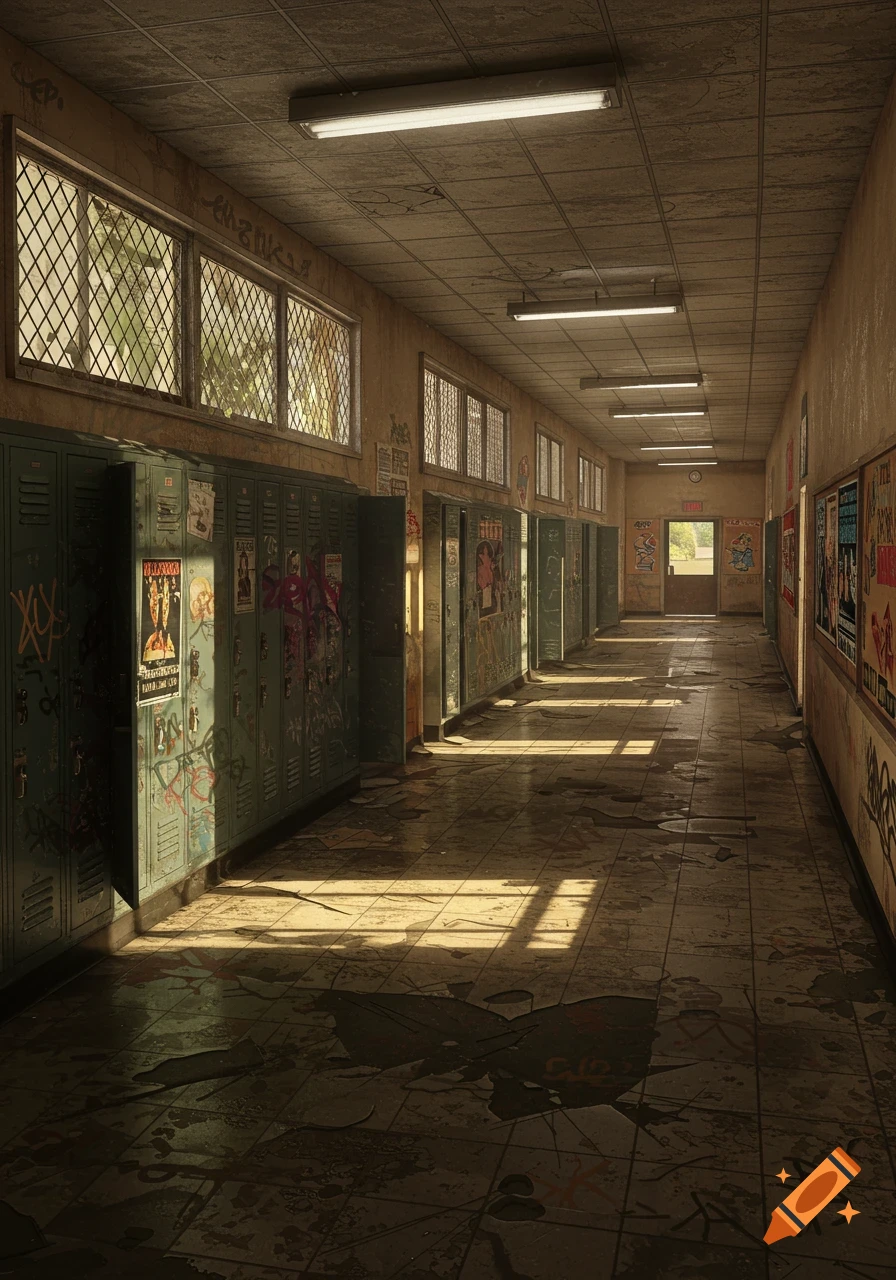 A long, rundown school hallway with lockers, graffiti, and broken tiles on the floor. Sunlight streams through windows, creating strong shadows.