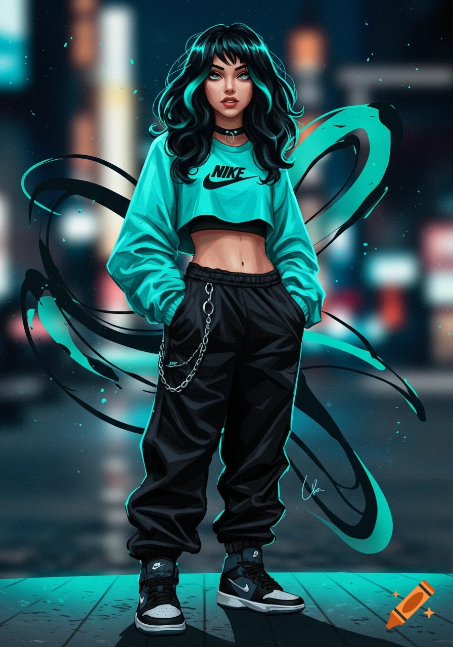 Stylized woman with teal-streaked black hair, wearing a teal Nike crop top, black baggy pants with a chain, and Nike sneakers, against a blurry urban background with teal swirls.