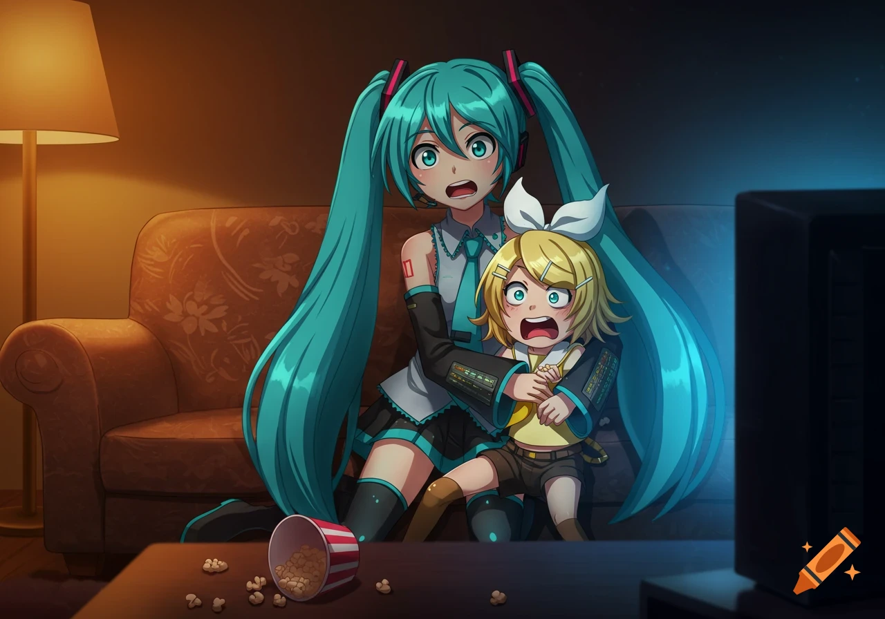 Hatsune Miku and Kagamine Rin, with wide, scared eyes, sit on a couch watching a TV in a dimly lit room, with popcorn spilled.