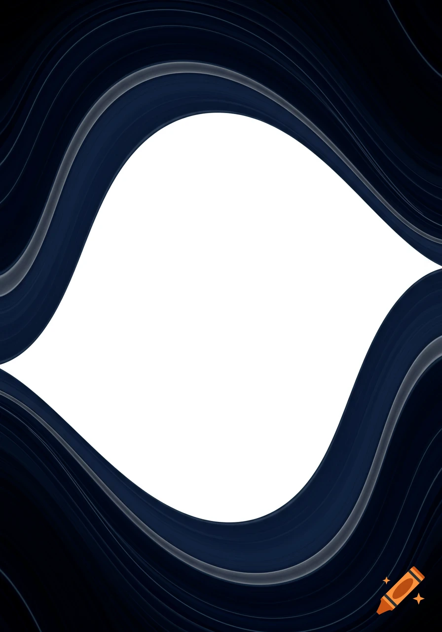 Abstract symmetrical design with dark blue and gray wavy lines framing a white oval space.