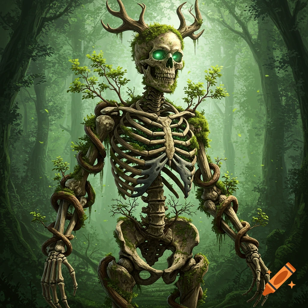 A fantastical, moss-covered skeleton with glowing green eyes and antlers stands in a lush green forest, intertwined with vines and saplings.