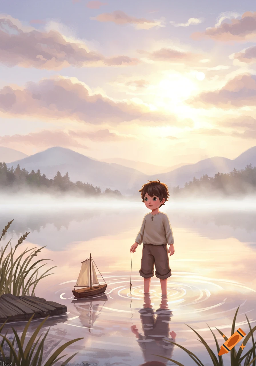 Illustration of a boy standing in a lake with a toy sailboat at sunrise, mountains in the misty background.