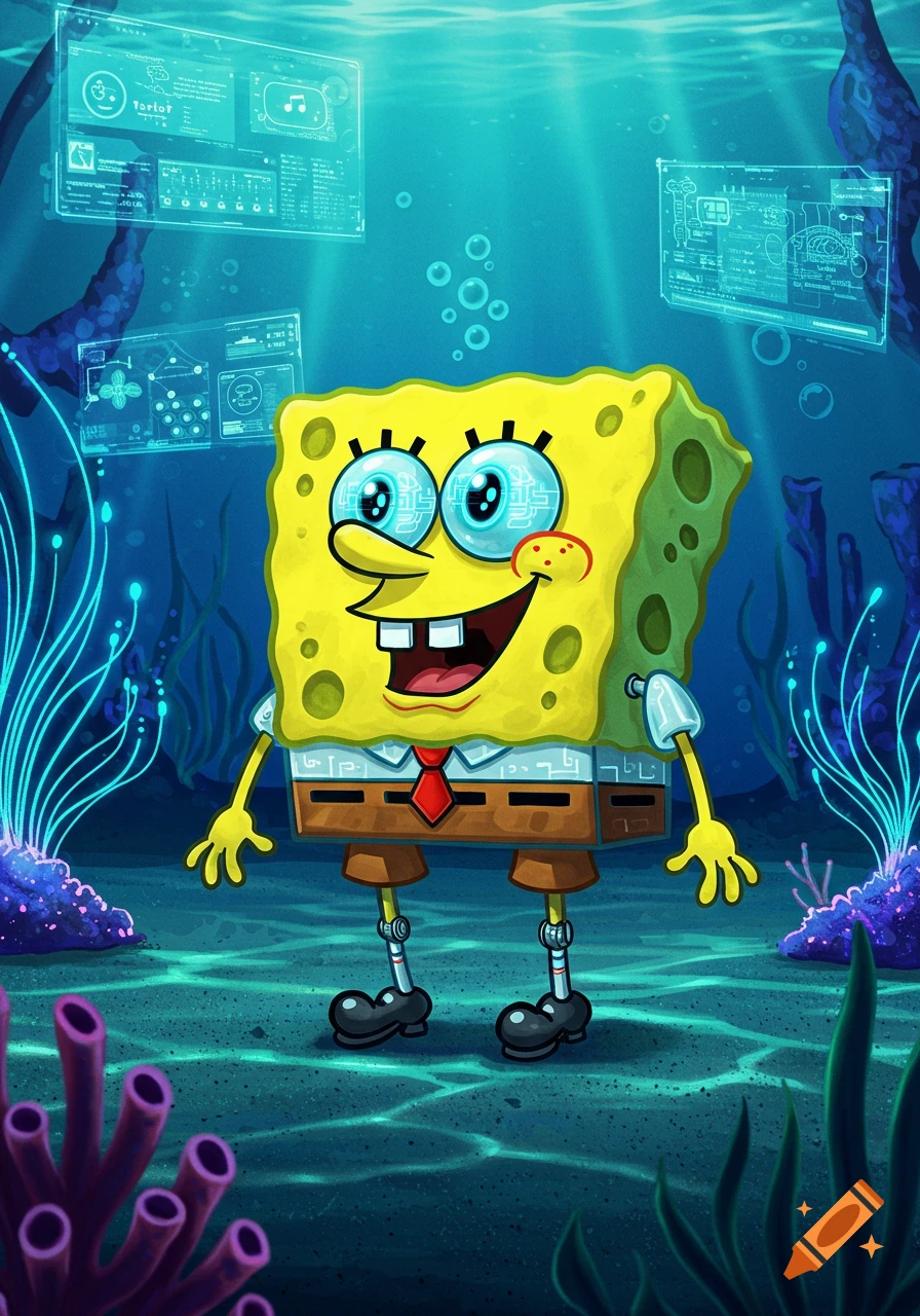 Spongebob Squarepants with cybernetic eyes and leg parts, stands underwater with glowing blue coral and transparent tech screens displaying data in the background.