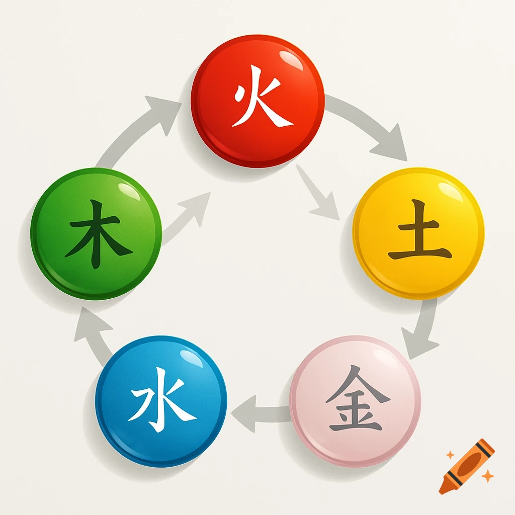 A colorful diagram of the Five Elements cycle with red Fire, green Wood, blue Water, yellow Earth, and pink Metal circles connected by arrows.