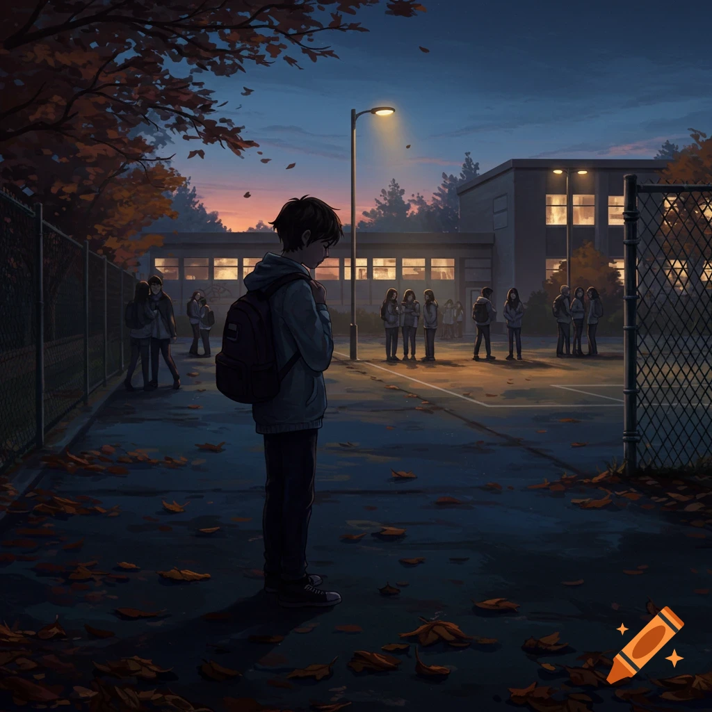 Anime illustration of a sad boy with a backpack standing alone in a schoolyard at dusk, with fallen leaves and groups of students.