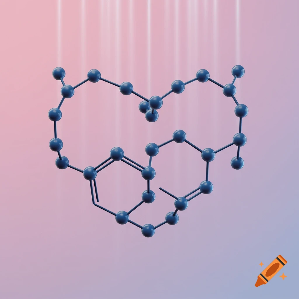 A 3D rendering of blue molecular bonds and spheres forming a heart shape on a pink and purple gradient background.