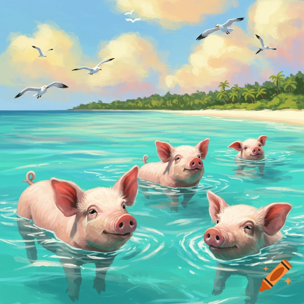 Cute pink pigs swim happily in clear turquoise ocean water near a tropical beach with palm trees and seagulls flying under a blue sky. Illustration.