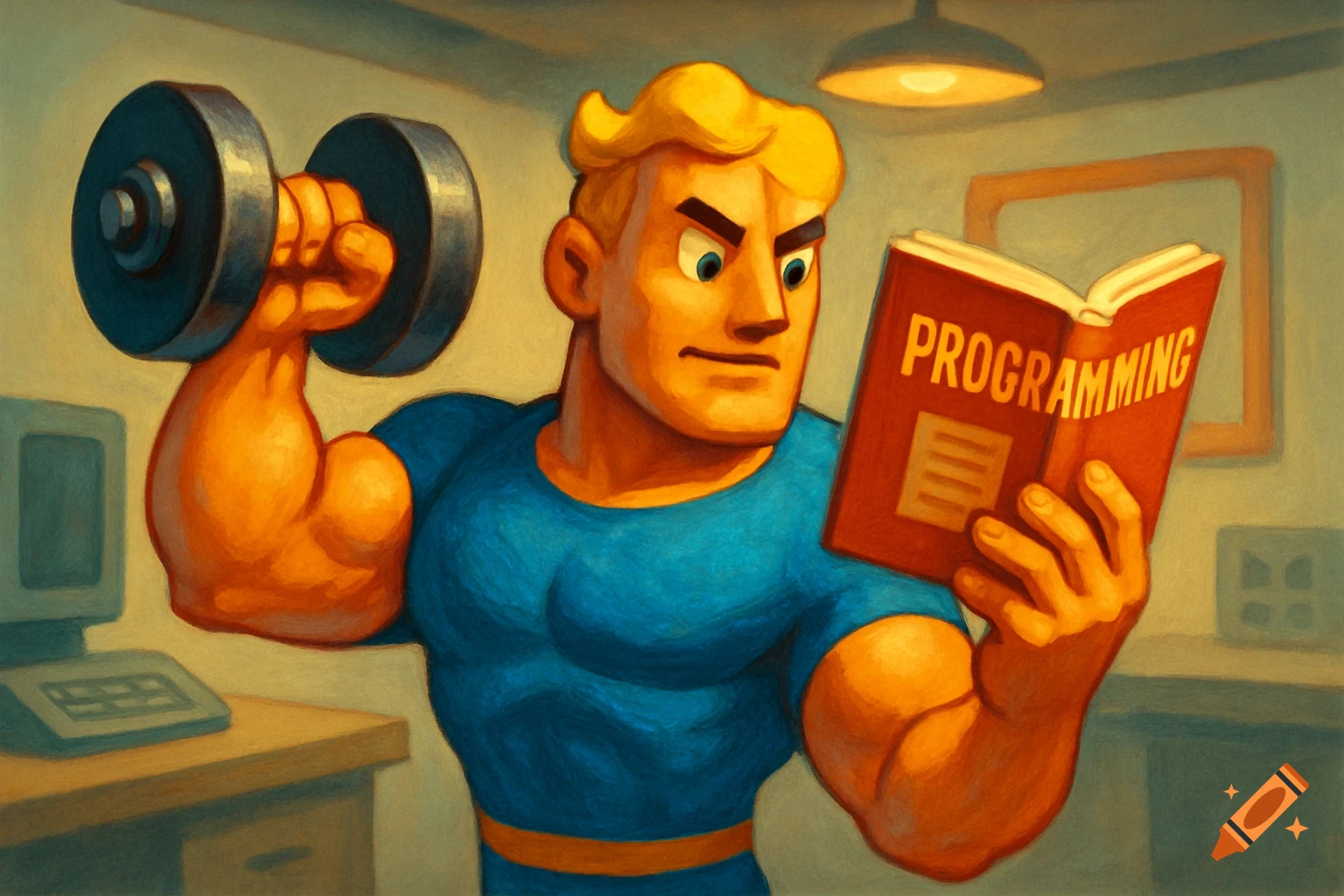 A muscular cartoon character lifts a dumbbell and reads a "PROGRAMMING" book in a room with a computer.