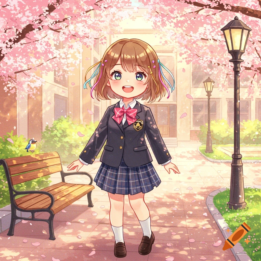 A cute anime schoolgirl stands smiling in a park with pink cherry blossoms and falling petals.