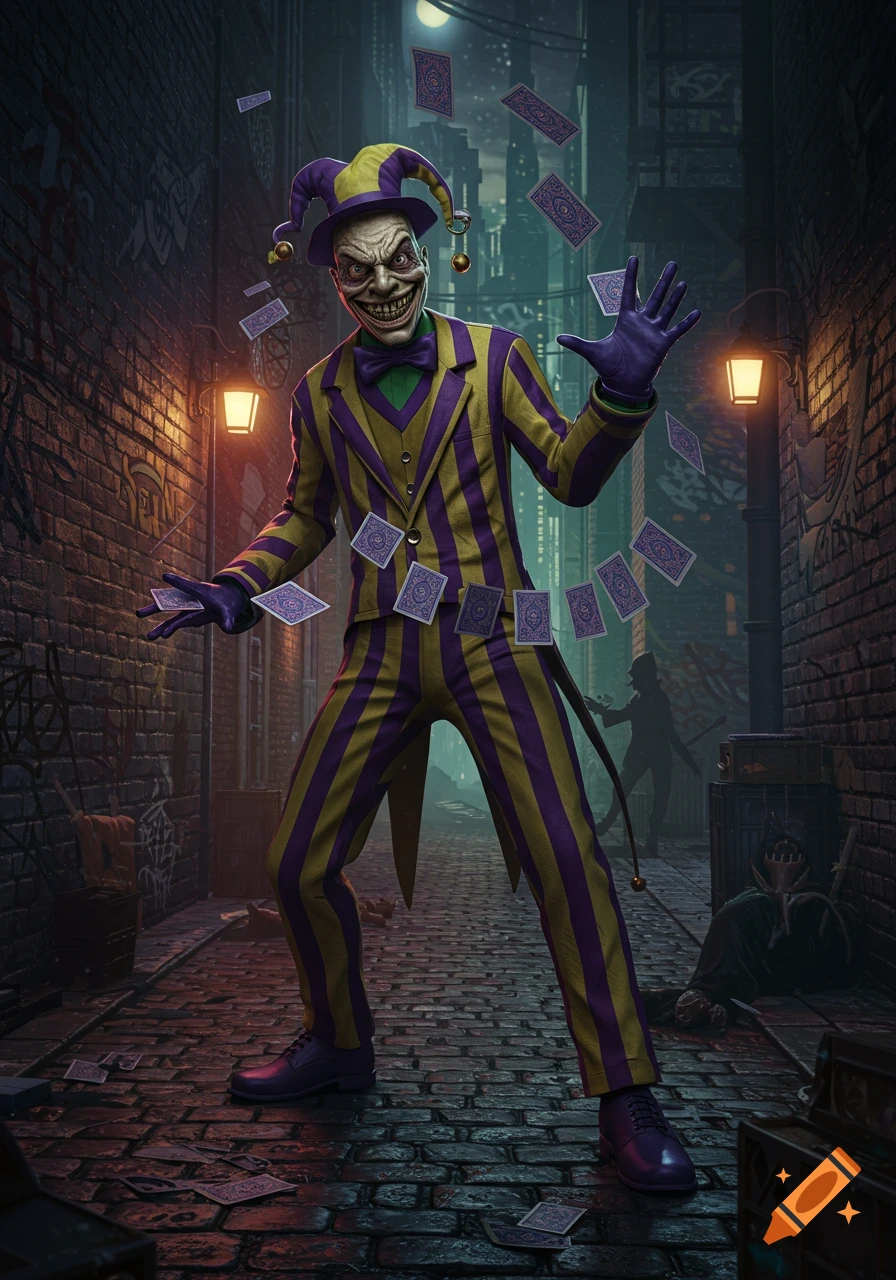 A grinning jester villain in purple and yellow stripes stands in a dark alley, cards floating around him.