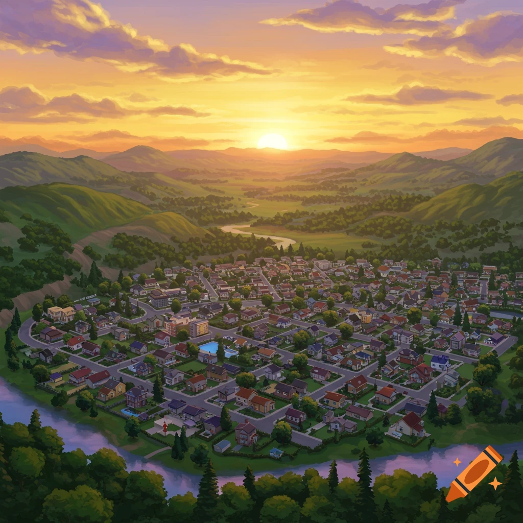 Painted isometric view of a vibrant town nestled in a valley, bathed in the warm glow of a sunset.