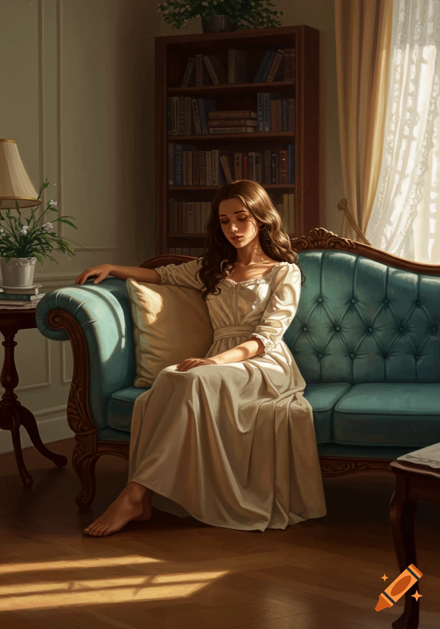 A young woman in a long white dress sits on a teal sofa in a sunlit room with a bookshelf.