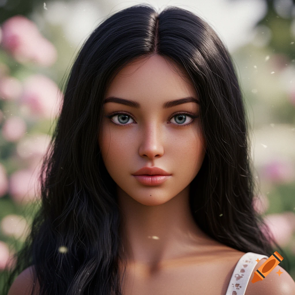 Close-up photorealistic portrait of a young woman with long black hair and light blue eyes, looking directly at the viewer in a soft focus floral background.