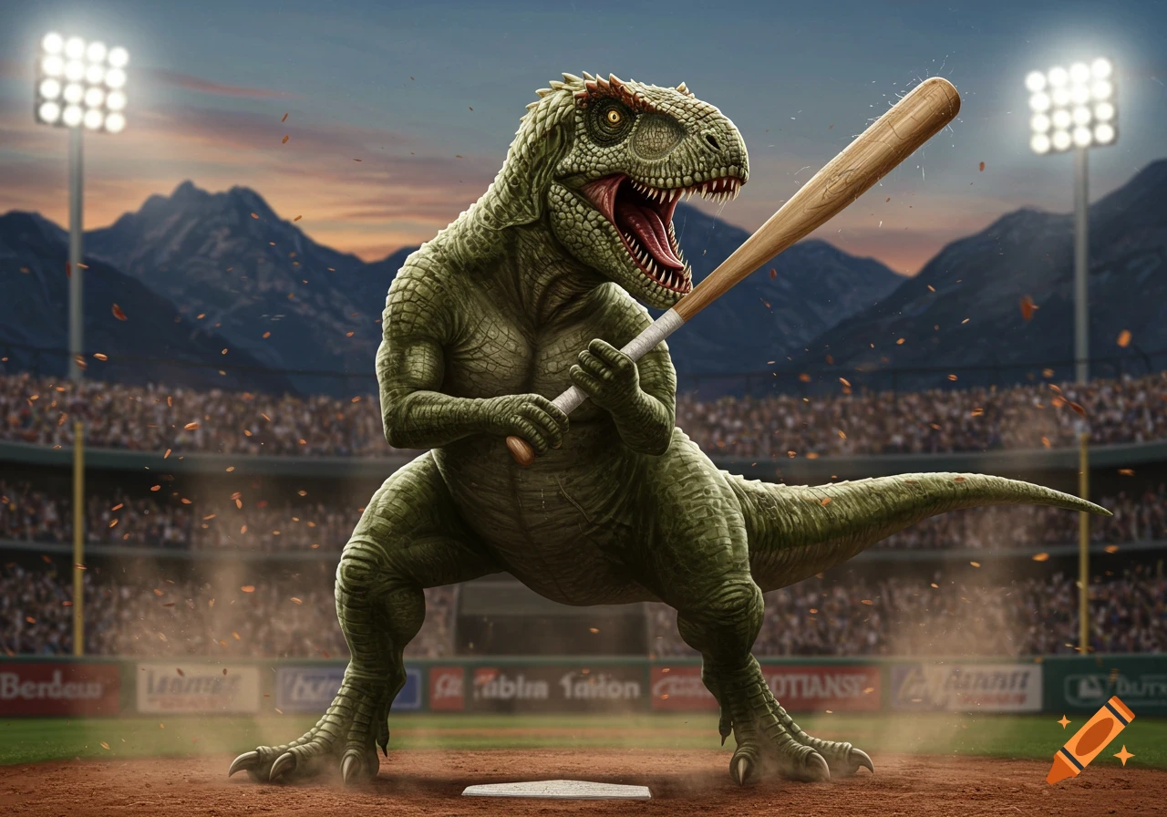 A muscular green T-Rex dinosaur holding a baseball bat at home plate in a stadium with mountains in the background.