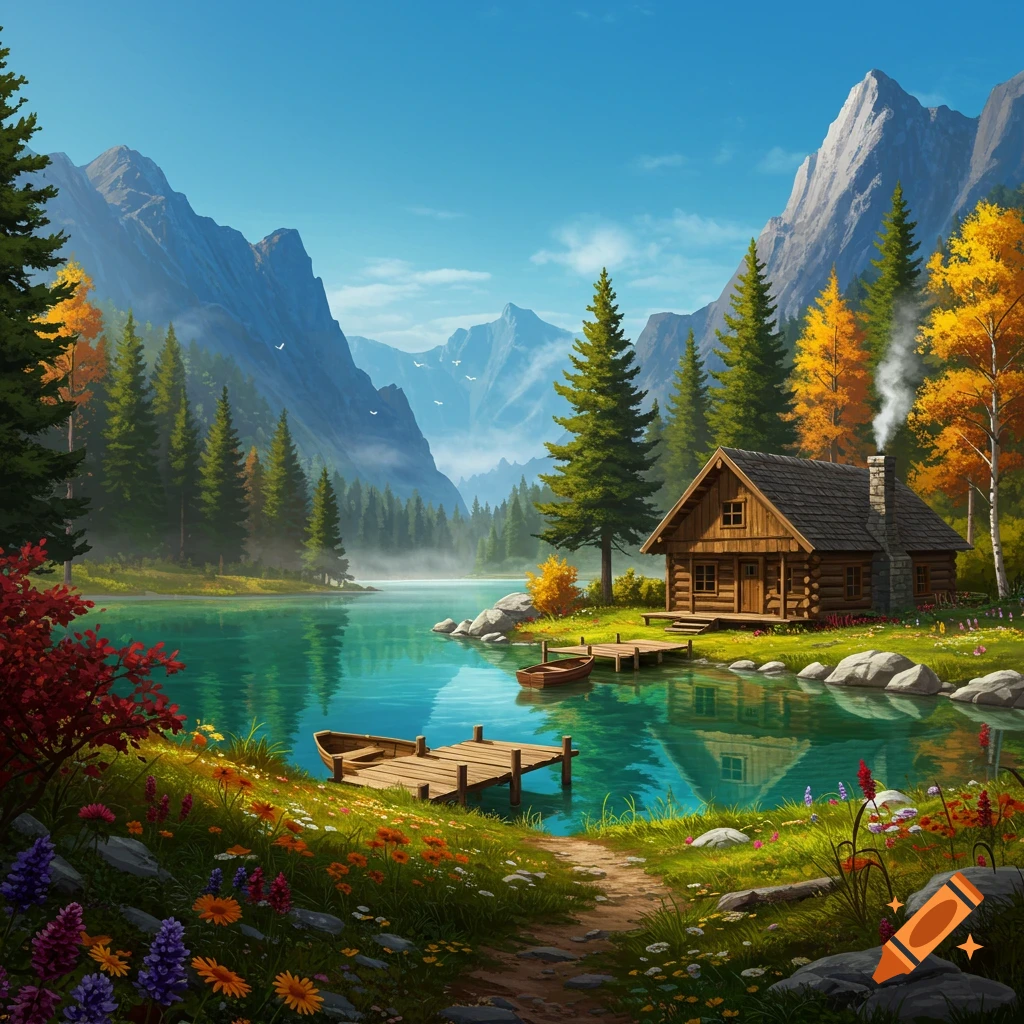 Stylized landscape of a log cabin by a tranquil mountain lake with colorful autumn trees, two docks, and small boats.