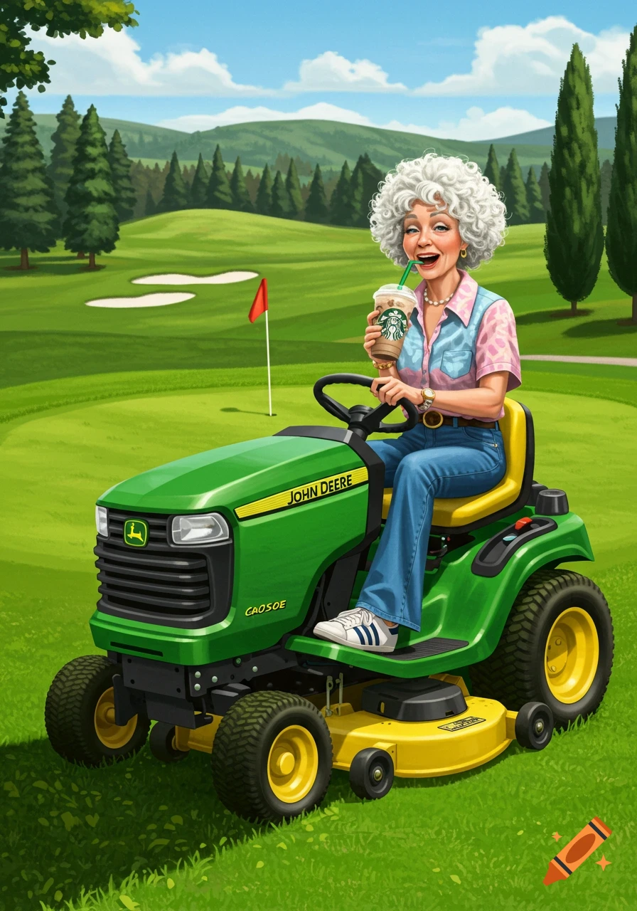 An illustration of an elderly woman with white curly hair, wearing a patterned shirt and blue jeans, riding a green John Deere lawnmower on a golf course while drinking a Starbucks iced latte.
