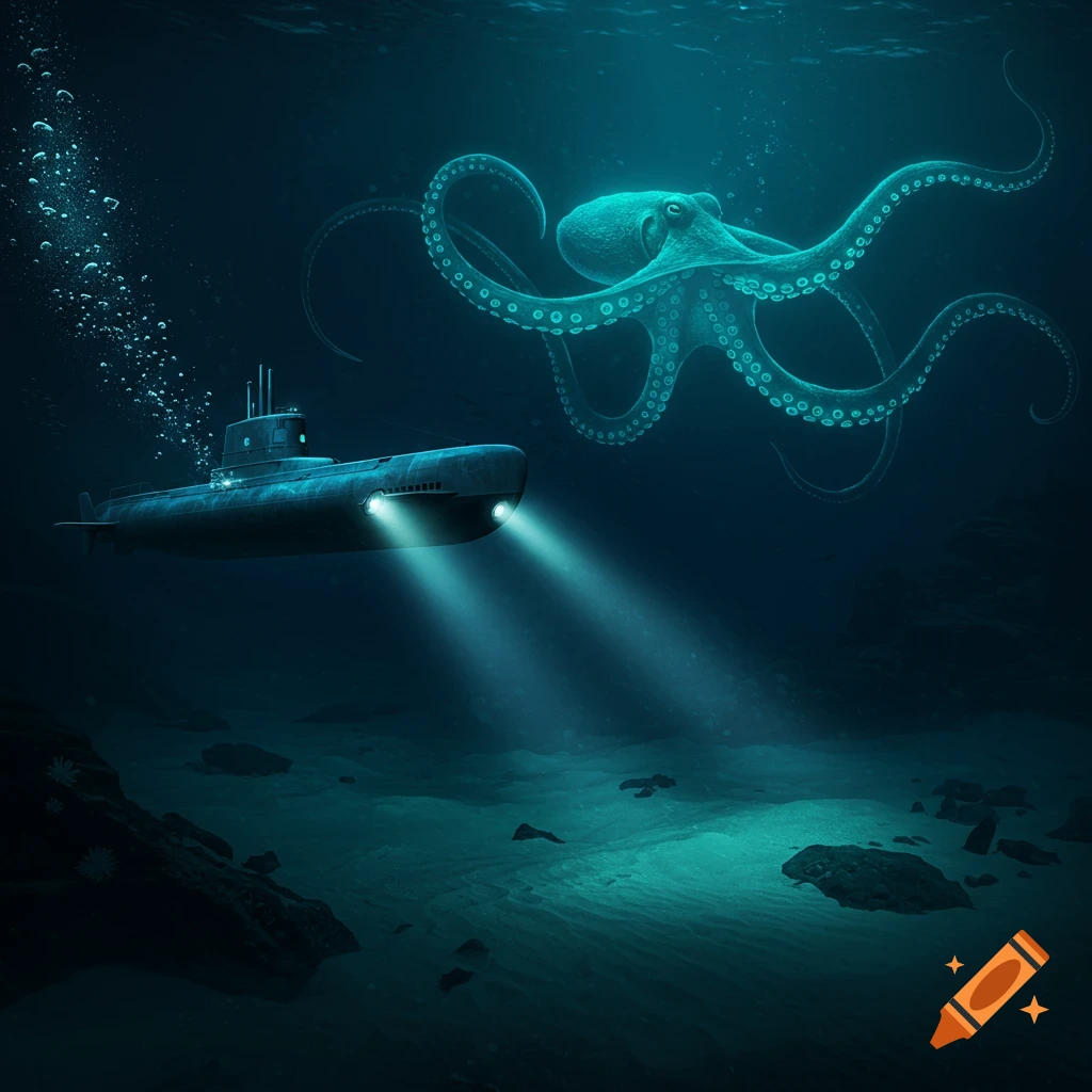 A submarine with headlights shines light underwater, being approached by a giant octopus.