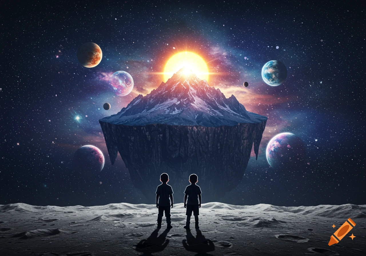 Two boys stand on a cratered moon, gazing at a floating mountain, sun, and planets in a vibrant starfield.