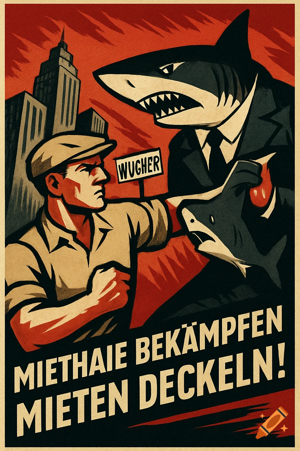 1930s-style propaganda poster of a worker fighting a suit-wearing shark  with city skyscrapers and a red sky. Text: WUCHER and MIETHAIE BEKÄMPFEN  MIETEN DECKELN! on Craiyon, image size:1024x1536