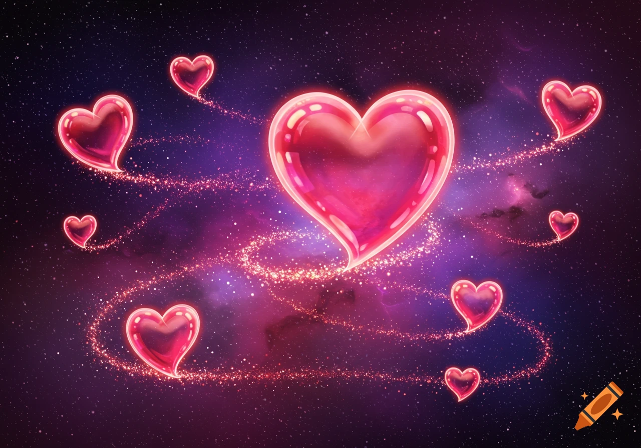 Glowing pink bubble hearts float through a starry purple and pink cosmic background, leaving sparkling trails.