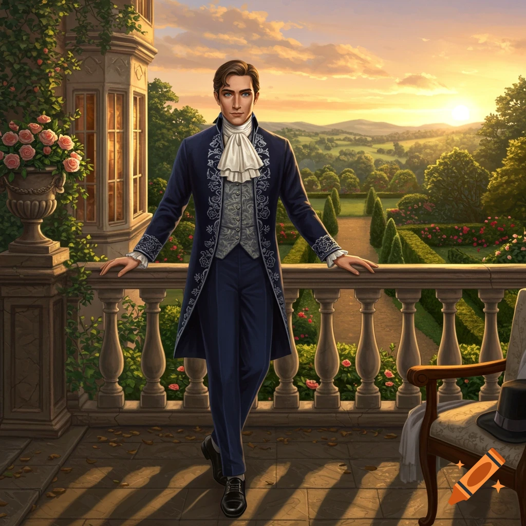 A man in a blue historical coat and ruffled cravat stands on a balcony overlooking a formal garden at sunset, stylized art.