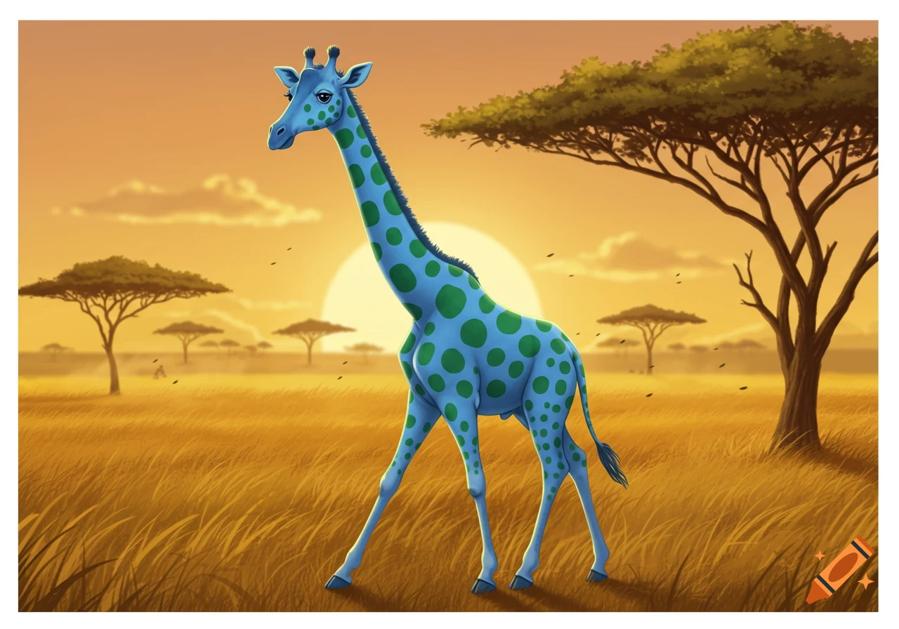 A cartoon blue giraffe with green spots walks through a golden savanna field with acacia trees at sunset.