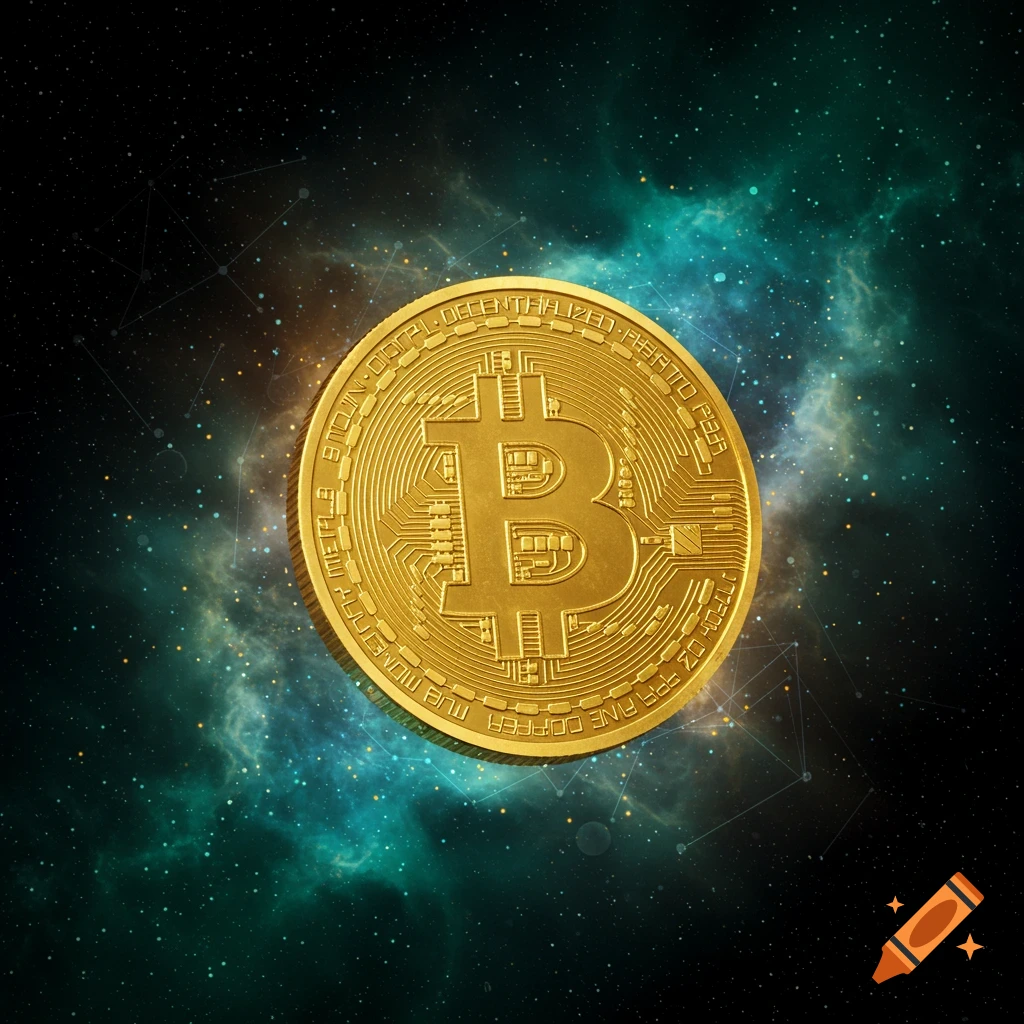 A shimmering gold Bitcoin coin with circuit patterns, floating against a vibrant blue and green nebula in deep space.