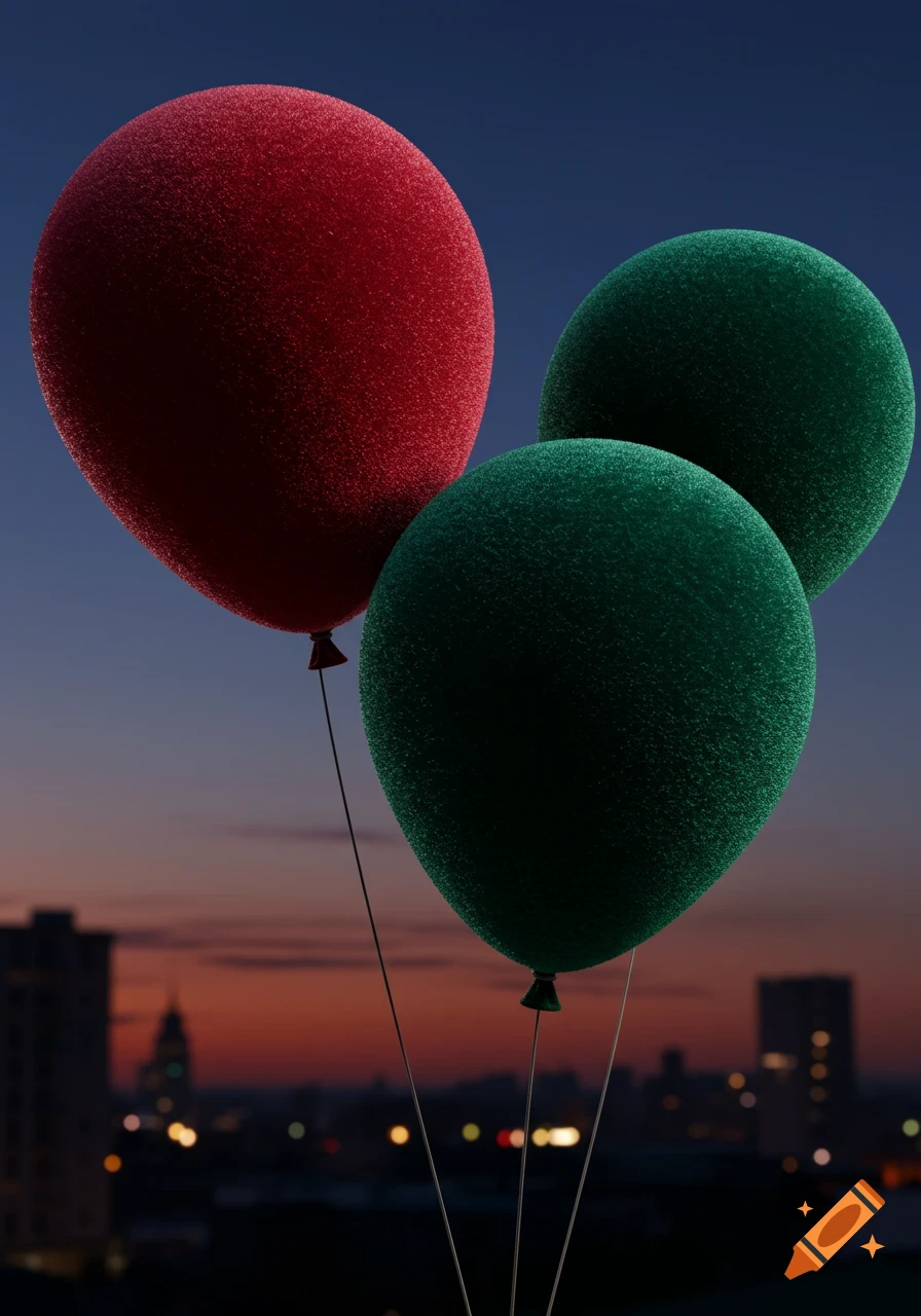 Three red and green velvet balloons float against a vibrant dusk sky over a city skyline.