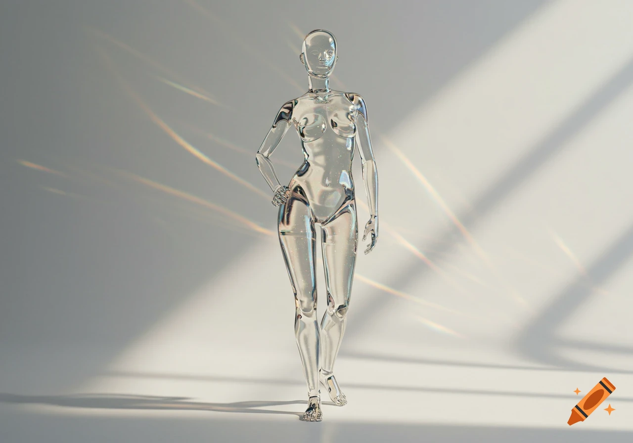 A full-body, photorealistic image of a transparent, reflective glass robot figure standing in a bright room with light streaks.