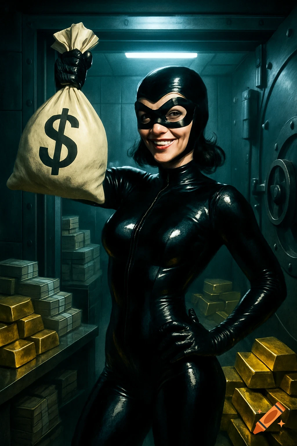 Smiling burglar in black latex and mask holds a dollar sign money bag in a dark vault with gold bars.