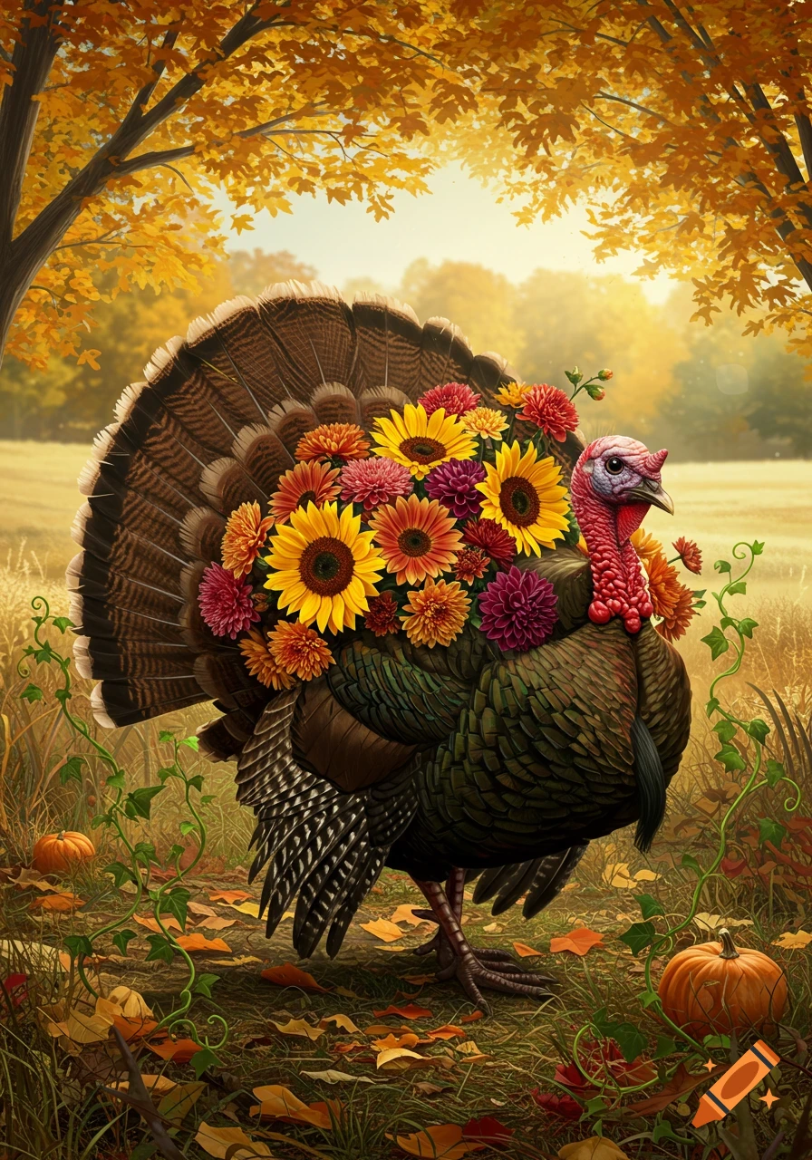 A turkey decorated with vibrant autumn flowers and leaves stands in a sunlit field with pumpkins.