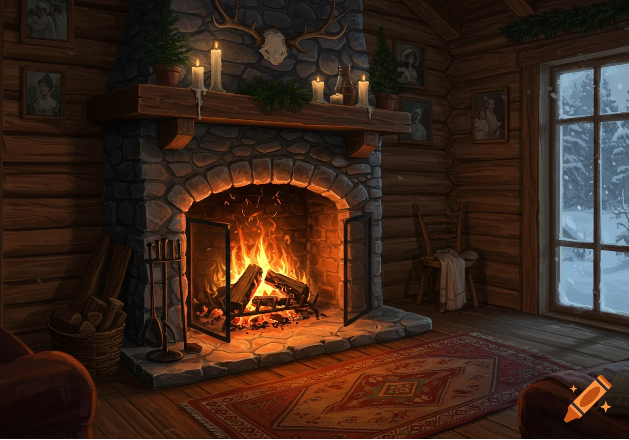 A roaring fire in a stone fireplace warms a cozy log cabin interior, with a snowy window view and patterned rug.