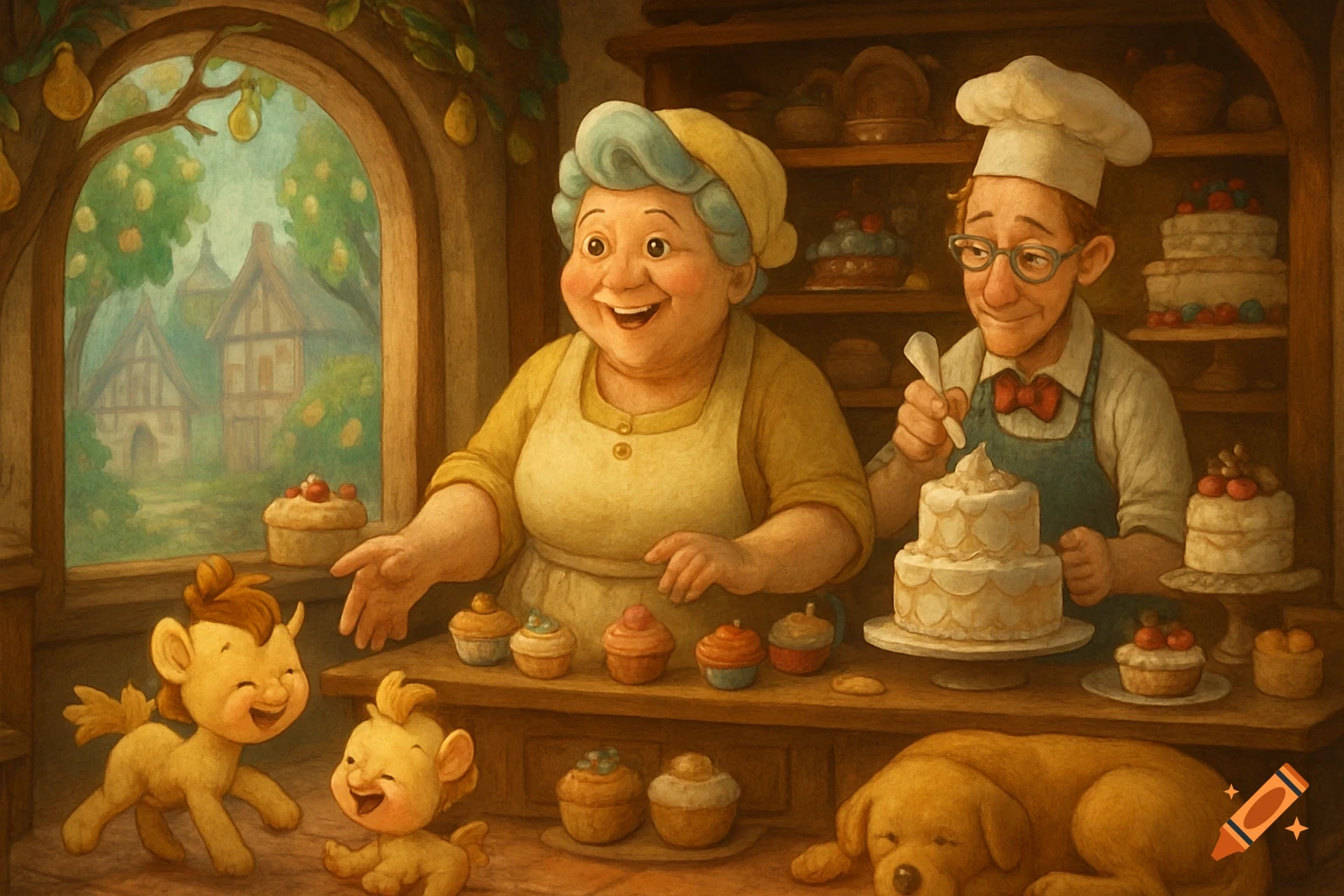 A cheerful elderly female baker and a male baker decorate cakes in a whimsical bakery, with two small cartoon creatures playing and a dog sleeping on the floor.