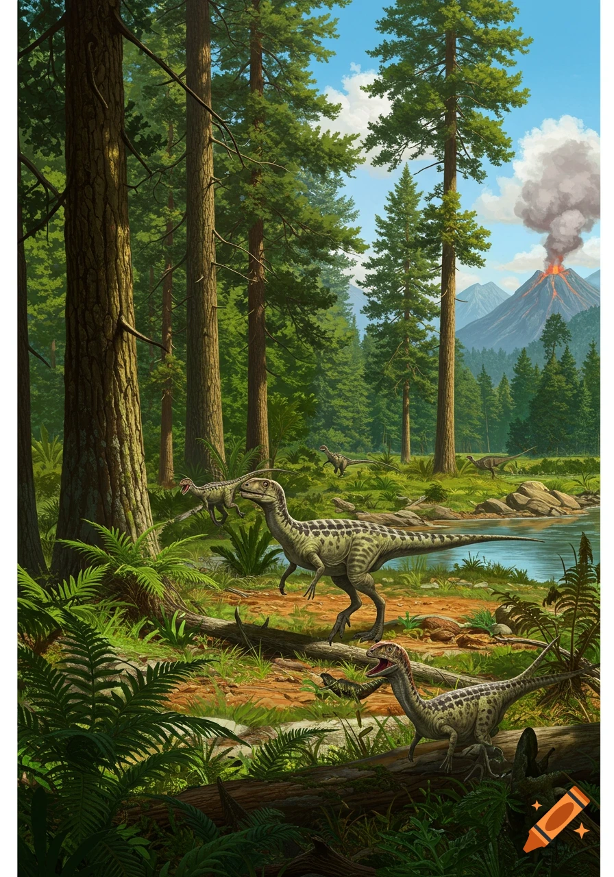 Illustrated prehistoric scene with speckled dinosaurs walking through a lush forest by a river, with an erupting volcano in the background.
