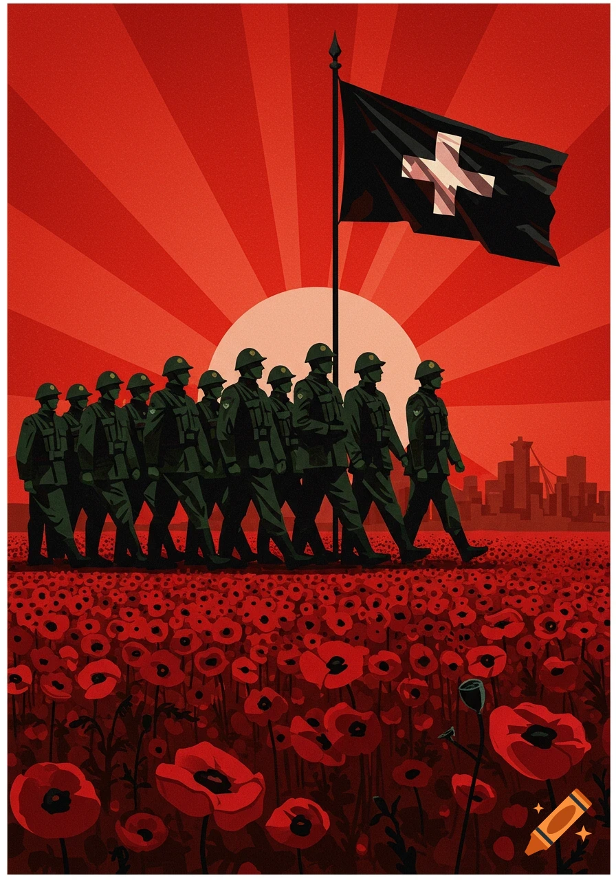 Stylized propaganda poster depicting soldiers in green uniforms marching through a field of red poppies under a black flag with a white cross, with a city skyline in the background and a red sunburst sky.