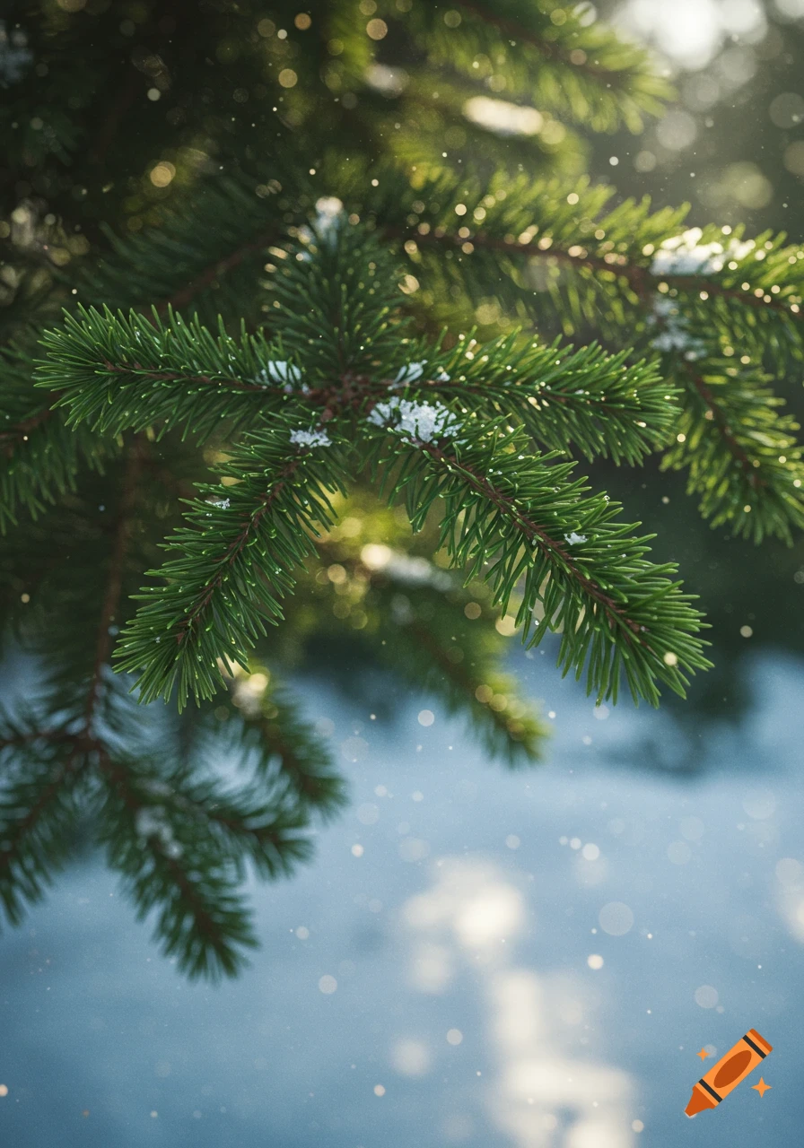 Close-up photorealistic evergreen branches with snow and sparkling light