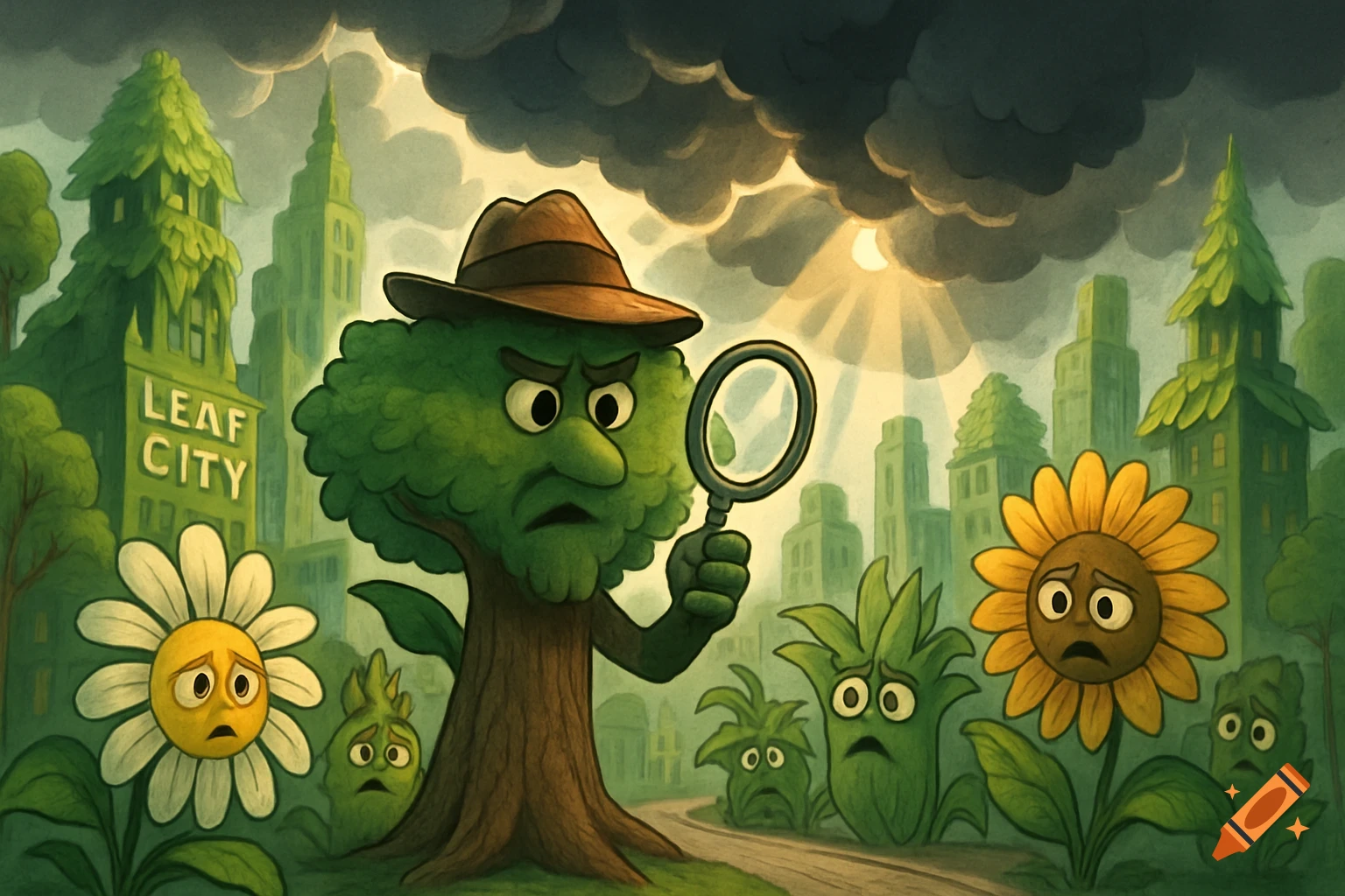 A cartoon tree detective in a fedora and holding a magnifying glass stands in Leaf City, surrounded by scared personified plants under a stormy sky.
