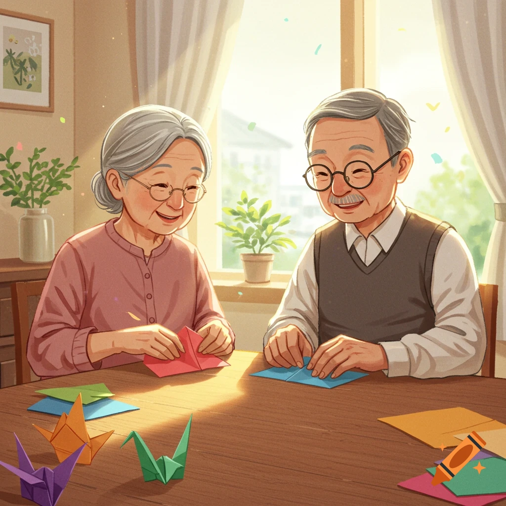 An illustrated, heartwarming scene of an elderly Asian couple smiling as they fold origami cranes at a table by a bright window.