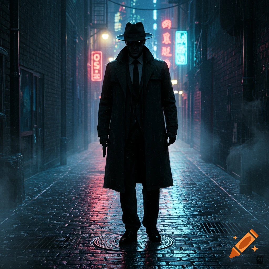 A shadowy spy in a trench coat and fedora stands in a dark, neon-lit rainy city alley, holding a pistol.