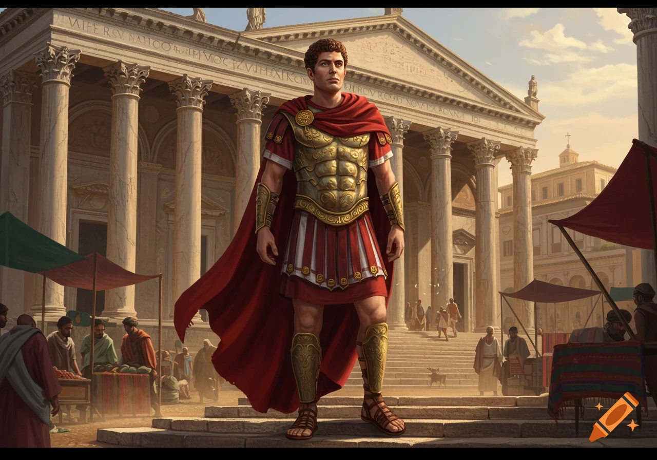 A Roman soldier in gold armor and a red cape stands on steps in a bustling ancient city square with a grand temple.