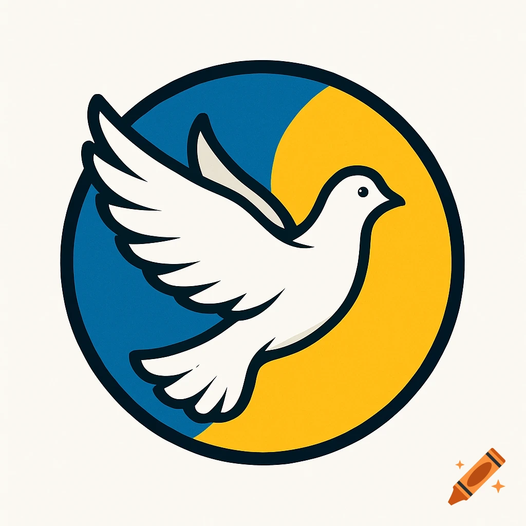 A round logo with a white dove flying against a background split into blue and yellow halves.