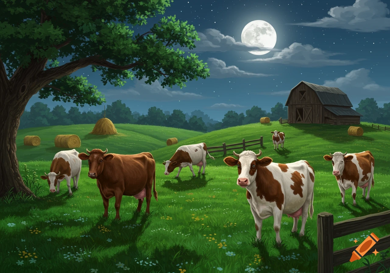 Digital illustration of cows grazing in a grassy field at night, with a barn, hay bales, and a full moon.