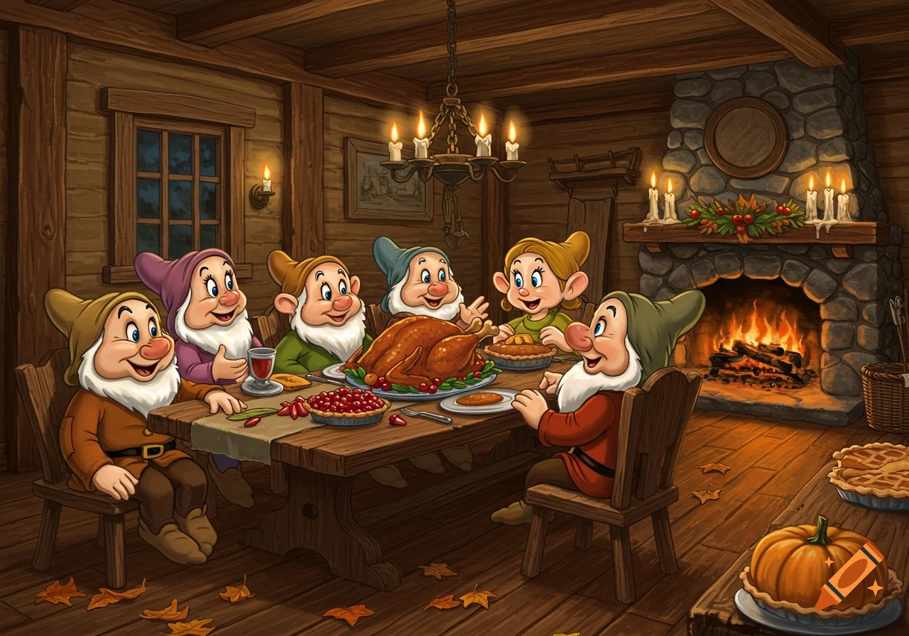 Cartoon dwarfs and a woman celebrate Thanksgiving dinner in a cozy, rustic cabin with a fireplace.