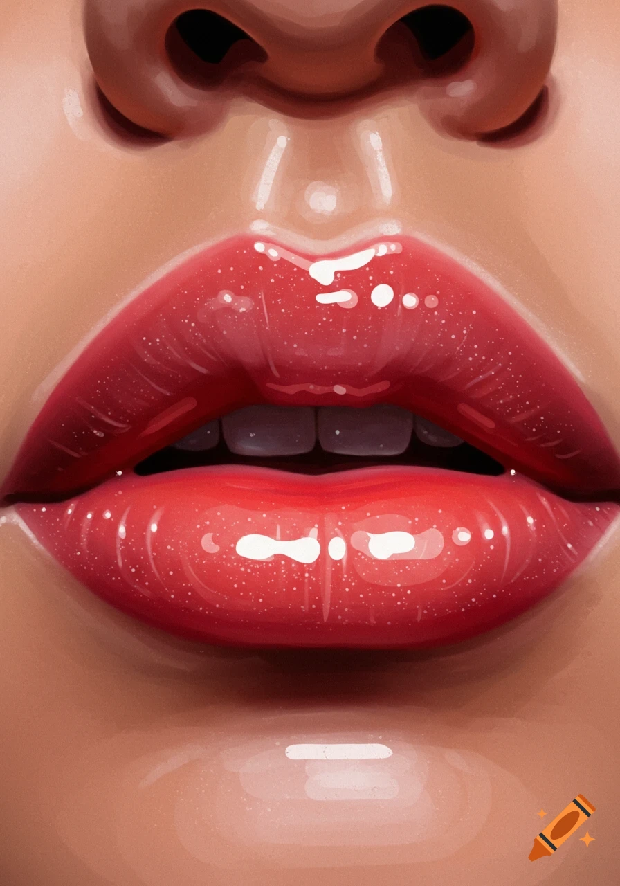 Close-up digital painting of glossy red ombr é lips with highlights and a subtle nose above.