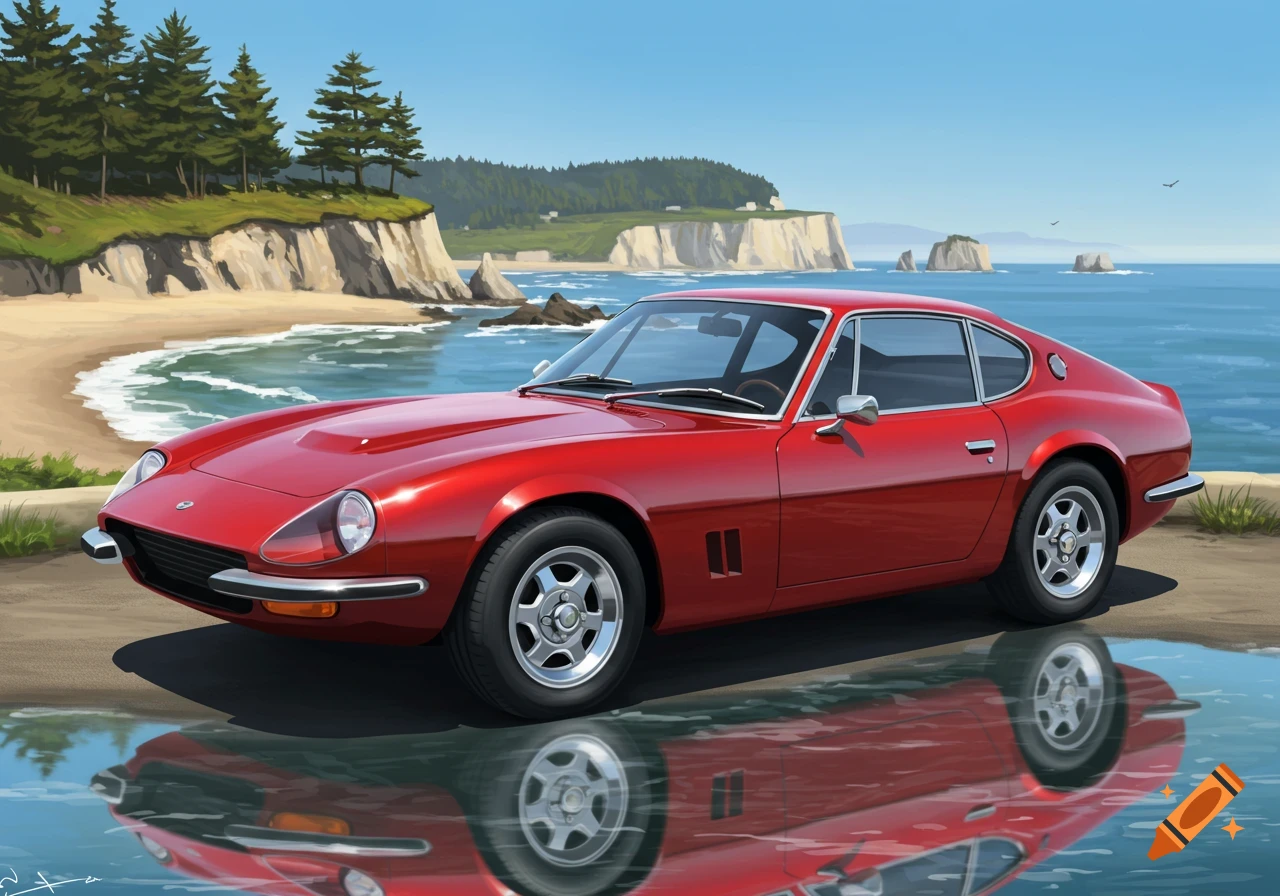 Vibrant red sports car parked by a sunny beach with cliffs and blue ocean, digital illustration.