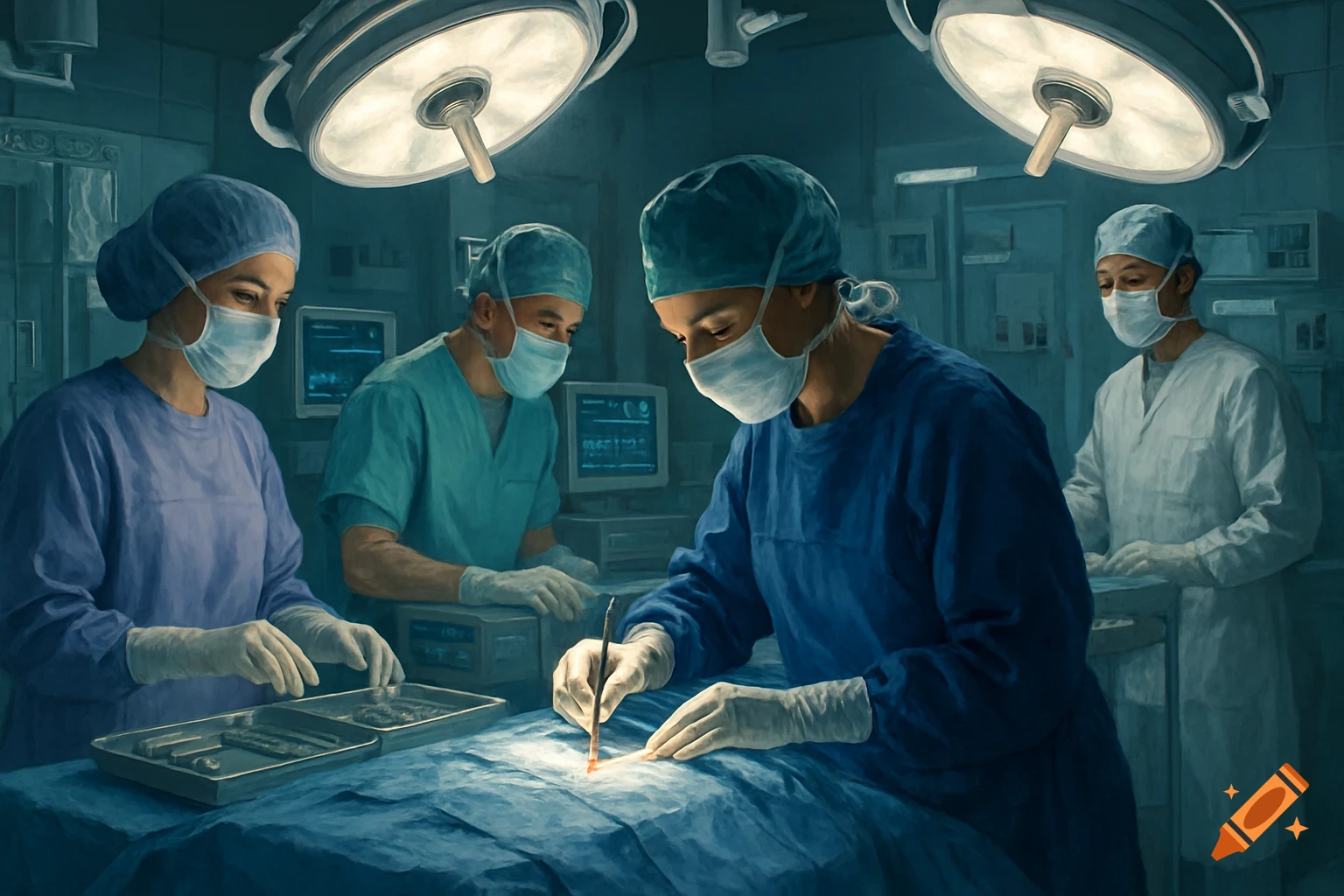 A surgical team in an operating room, with a surgeon performing an operation under bright lights and assistants standing by. The image has a painterly style.
