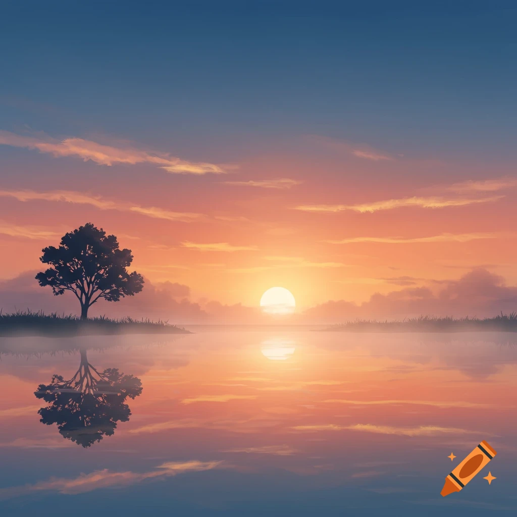 Illustrative sunrise over a serene lake, reflecting orange and blue sky, with a silhouetted tree on the shore.