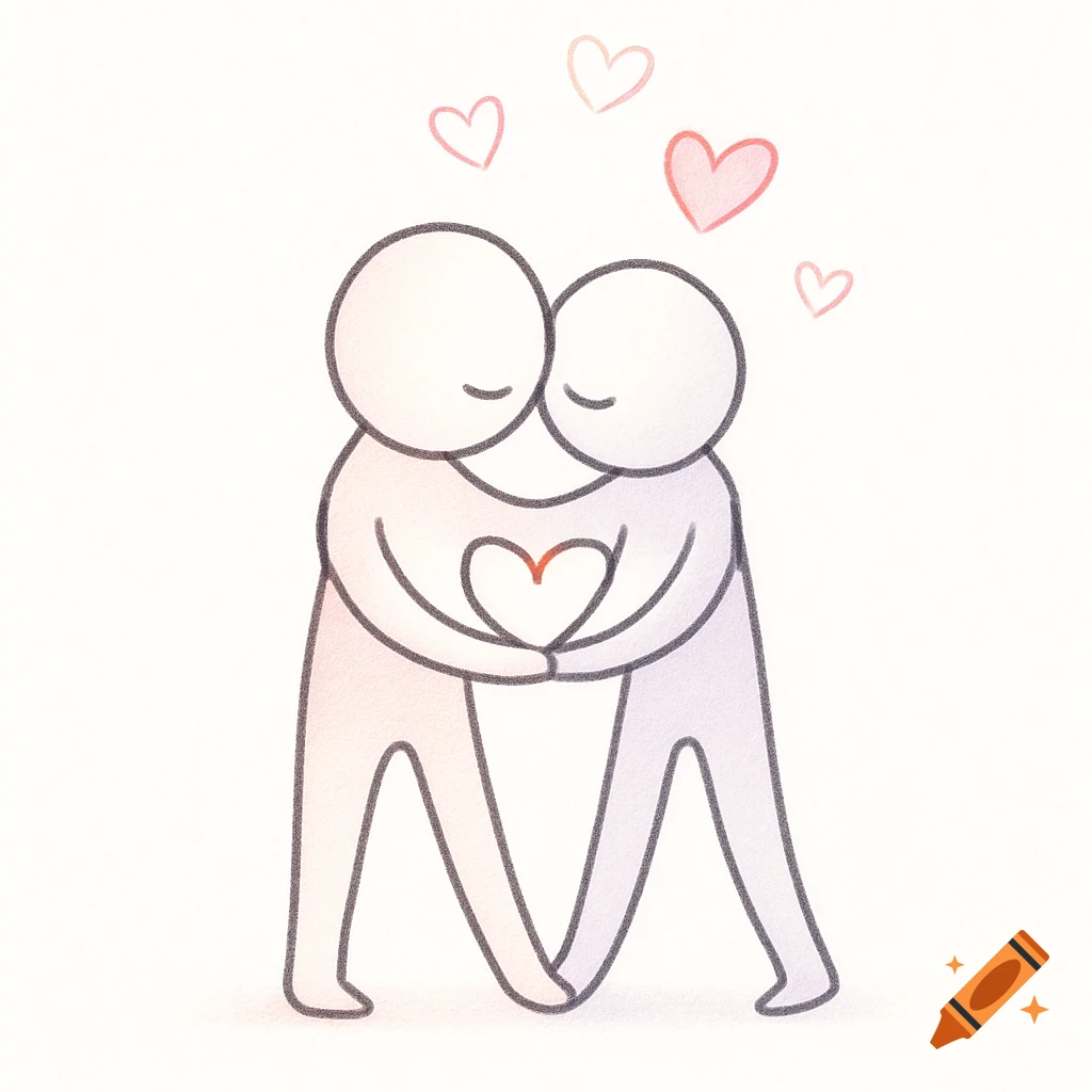 Two simple stick figures hug, holding a heart between them, with smaller hearts floating above, on a light background.
