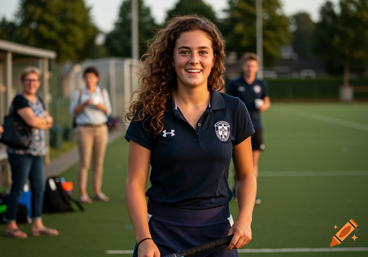 A smiling young woman with curly hair holds a hockey stick on a green field at sunset, wearing a navy polo shirt and skirt.